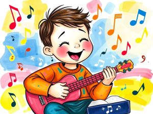 Criança autista participando de terapia musical com instrumentos coloridos e notas musicais ao redor.