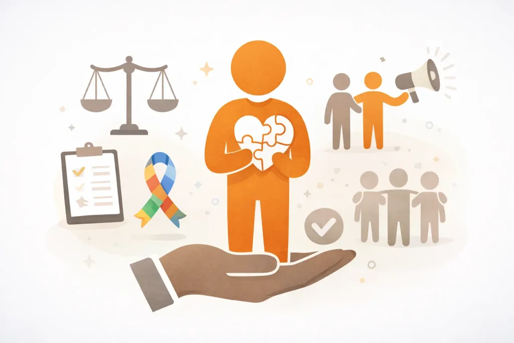 Representação simbólica dos direitos legais da pessoa com autismo de nível 1 no Brasil.