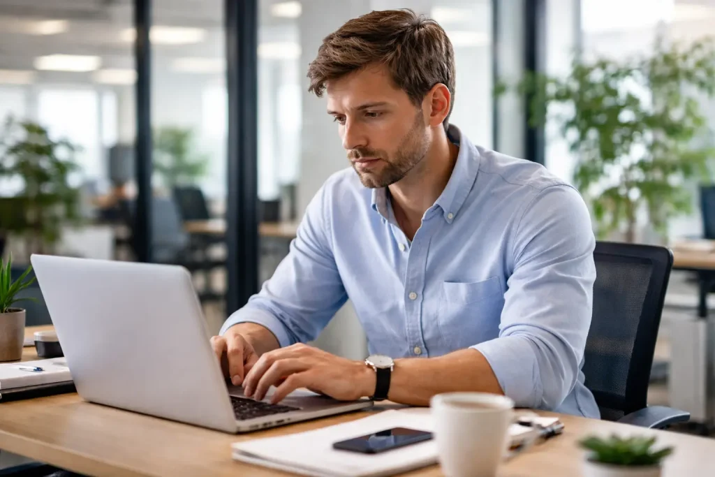 Adulto com autismo de nível 1 em ambiente de trabalho, demonstrando foco e leve isolamento social.