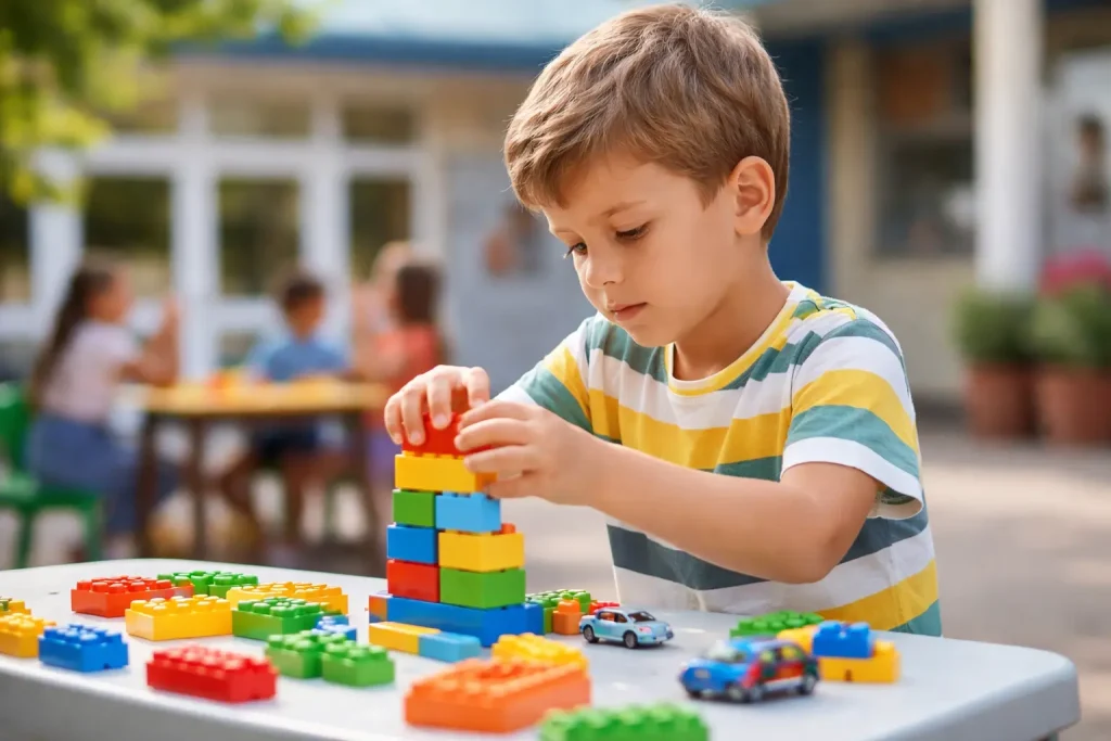 Criança com autismo de nível 1 brincando sozinha em ambiente escolar, demonstrando foco e sensibilidade sensorial.