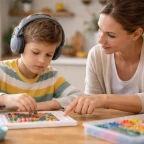 Criança com autismo nível 2 em ambiente acolhedor, com apoio de um adulto durante atividade cotidiana.