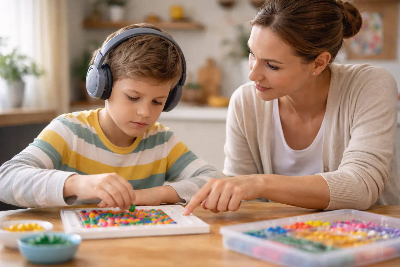 Criança com autismo nível 2 em ambiente acolhedor, com apoio de um adulto durante atividade cotidiana.
