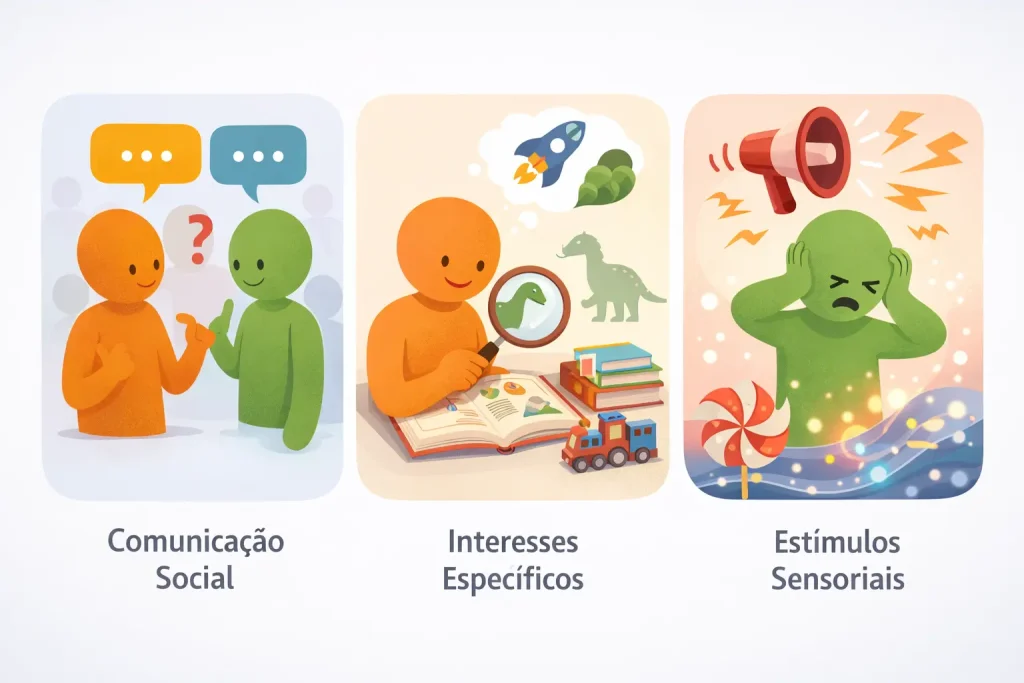 Ilustração mostrando comunicação social, interesses restritos e sensibilidade sensorial no autismo de nível 1.