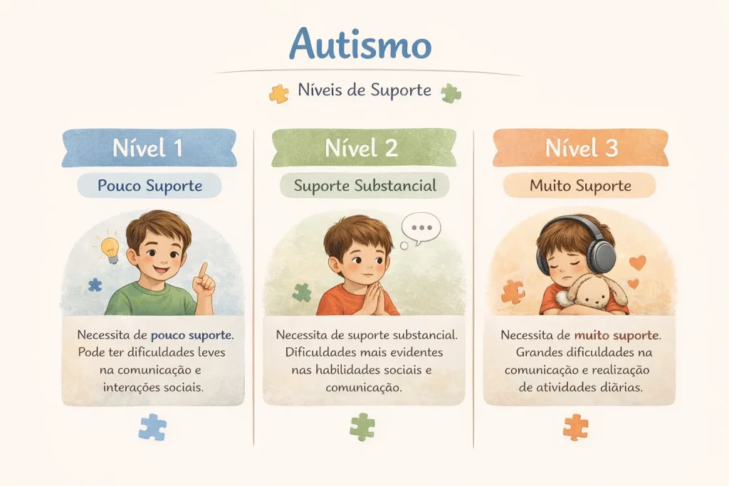 Infográfico comparando os níveis de suporte do autismo nível 1, 2 e 3
