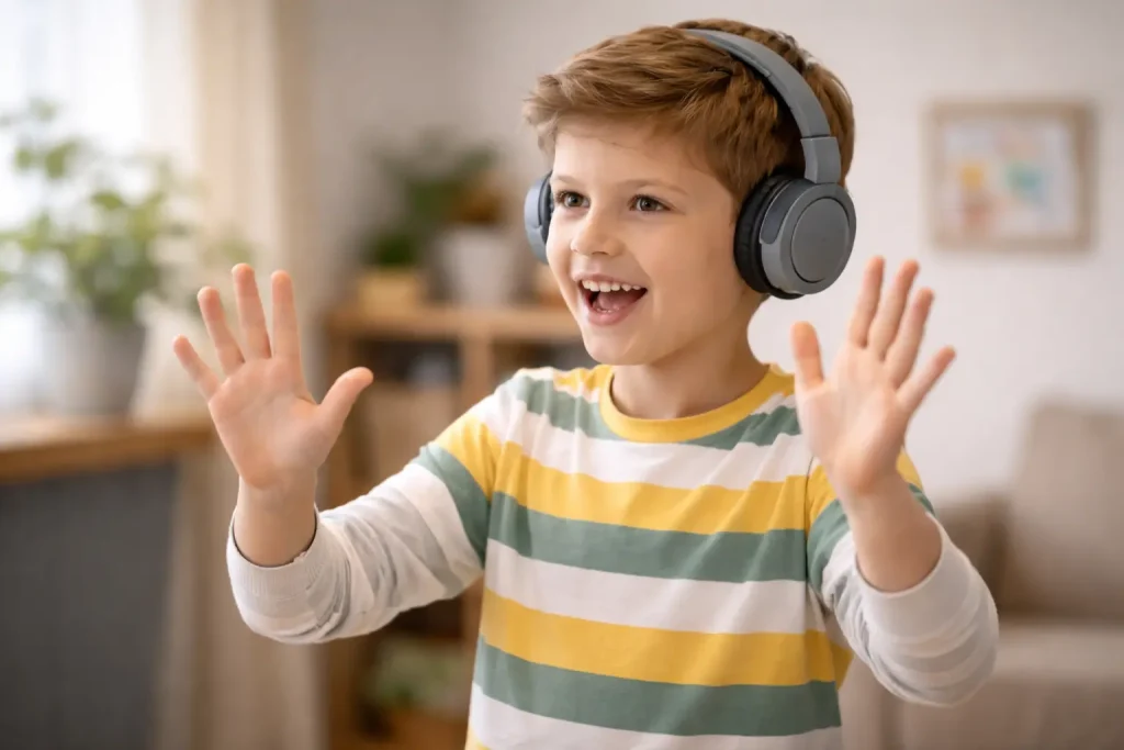 Criança com autismo nível 2 realizando movimento repetitivo para autorregulação emocional.