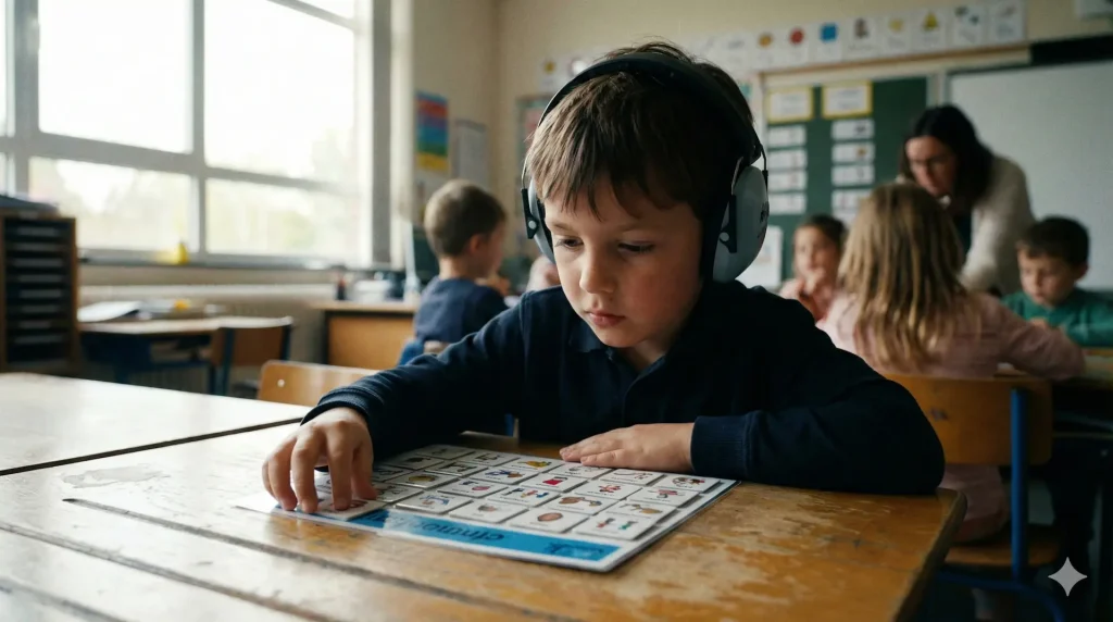 Pessoa com autismo nível 2 utilizando comunicação alternativa por figuras para se expressar.