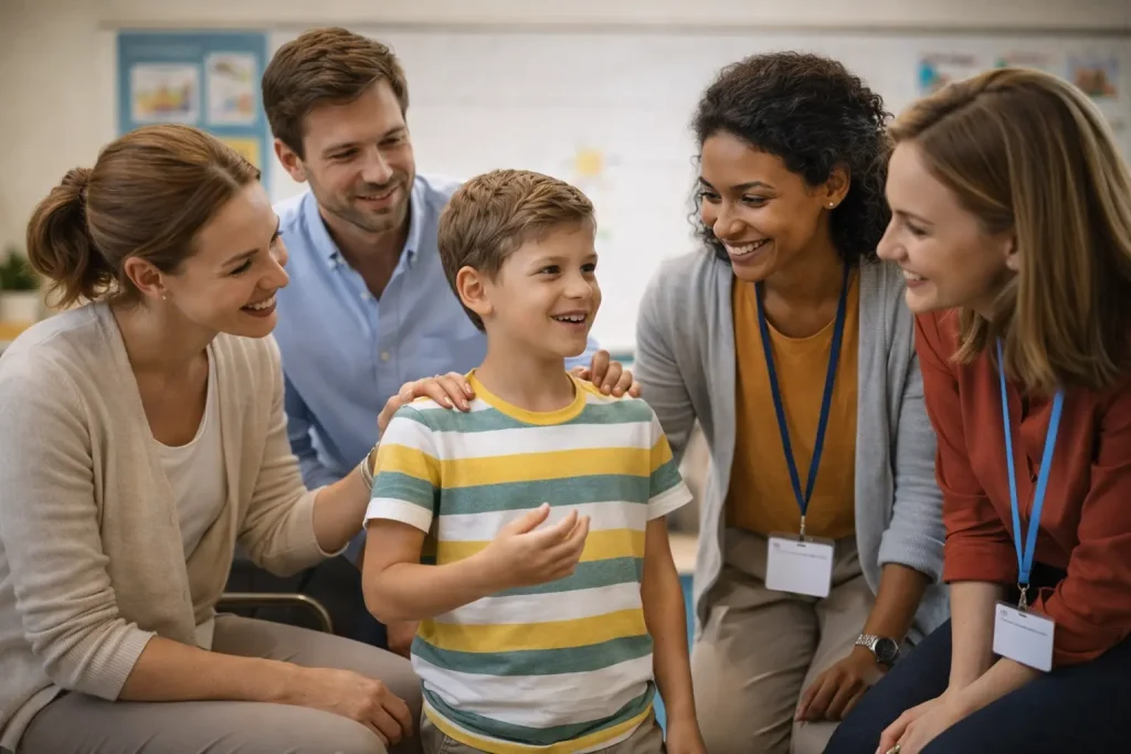 Família e escola oferecendo ambiente acolhedor para pessoa com autismo de nível 1.