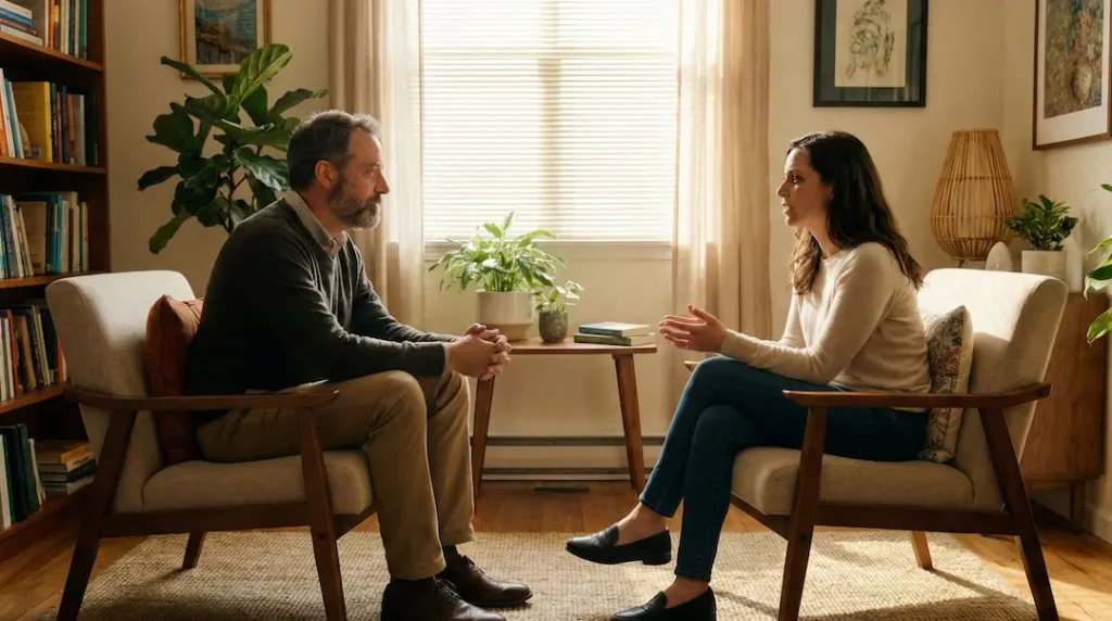 Profissional de saúde conversando com paciente durante avaliação clínica do autismo de nível 1.