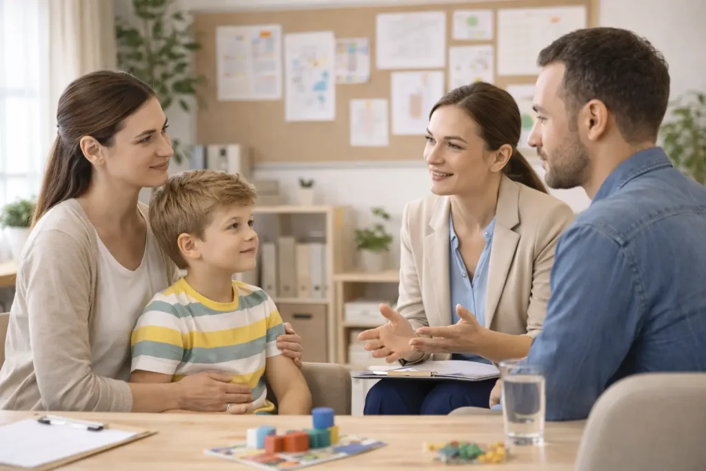 Família de criança com autismo nível 2 sendo orientada sobre direitos legais.