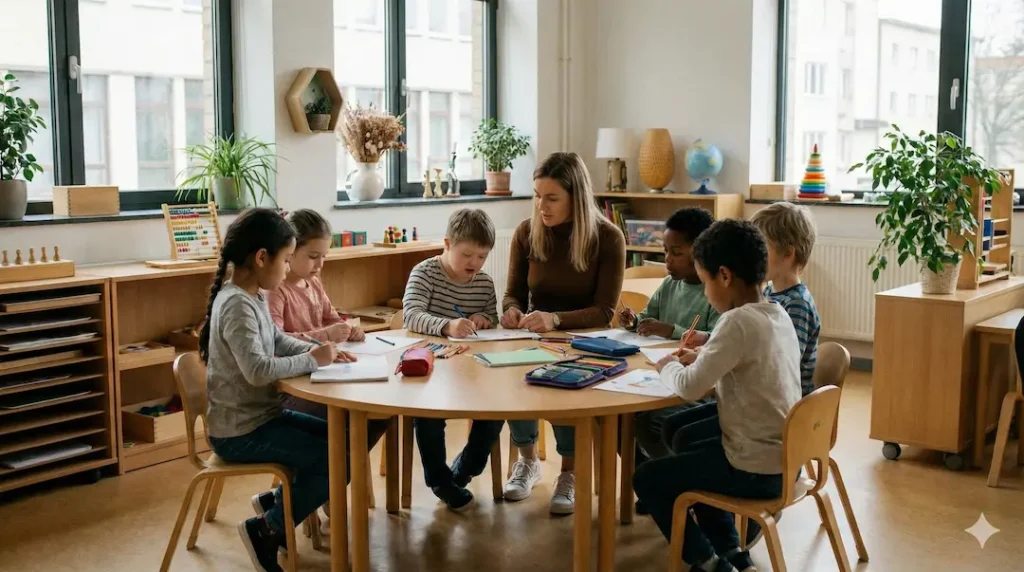 Criança com autismo nível 2 em sala de aula inclusiva com mediador escolar.