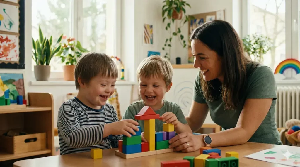 Criança com autismo nível 2 interagindo com colega com mediação de adulto.