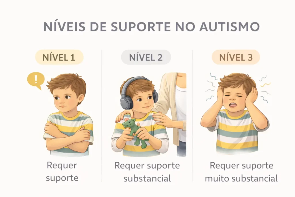 Ilustração comparativa dos níveis 1, 2 e 3 do autismo com diferentes graus de suporte.