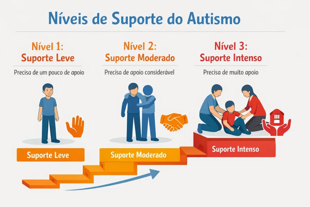 Gráfico ilustrativo mostrando os níveis de suporte no autismo, com destaque para o nível 1.