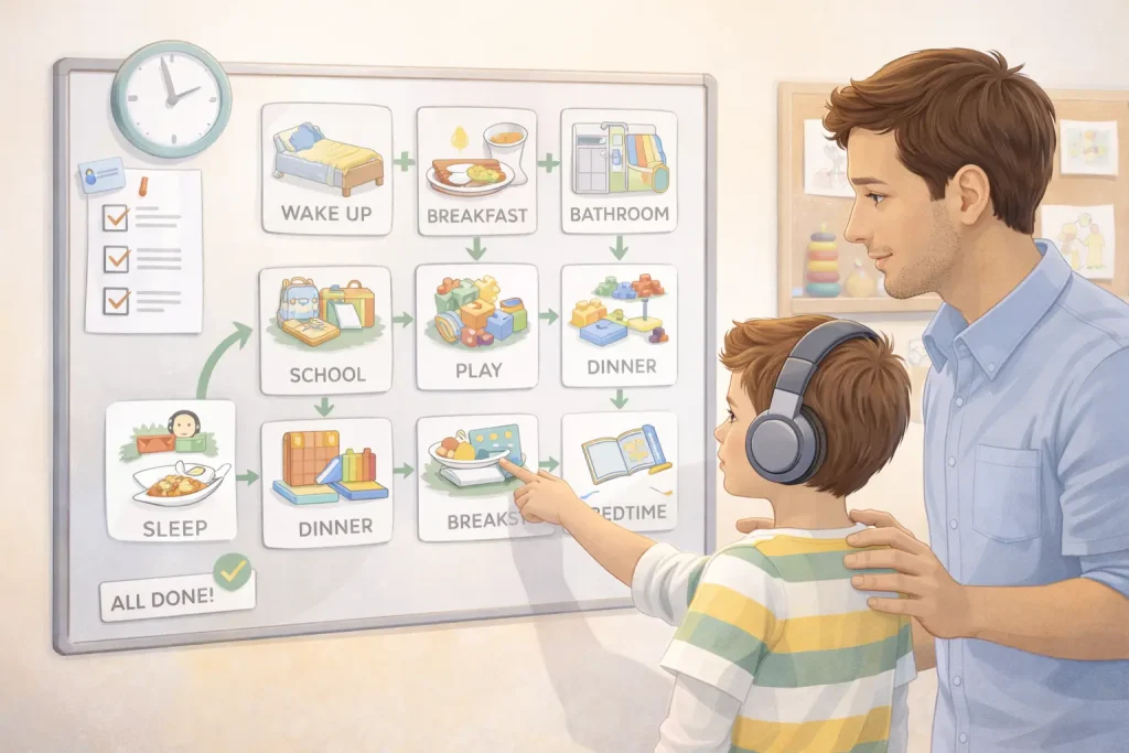 Ilustração de pessoa com autismo nível 2 recebendo suporte estruturado em rotina diária.