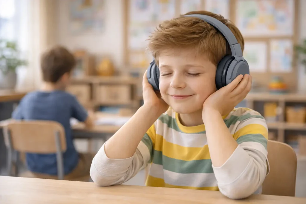 Criança com autismo nível 2 usando fones de ouvido para reduzir estímulos sonoros.