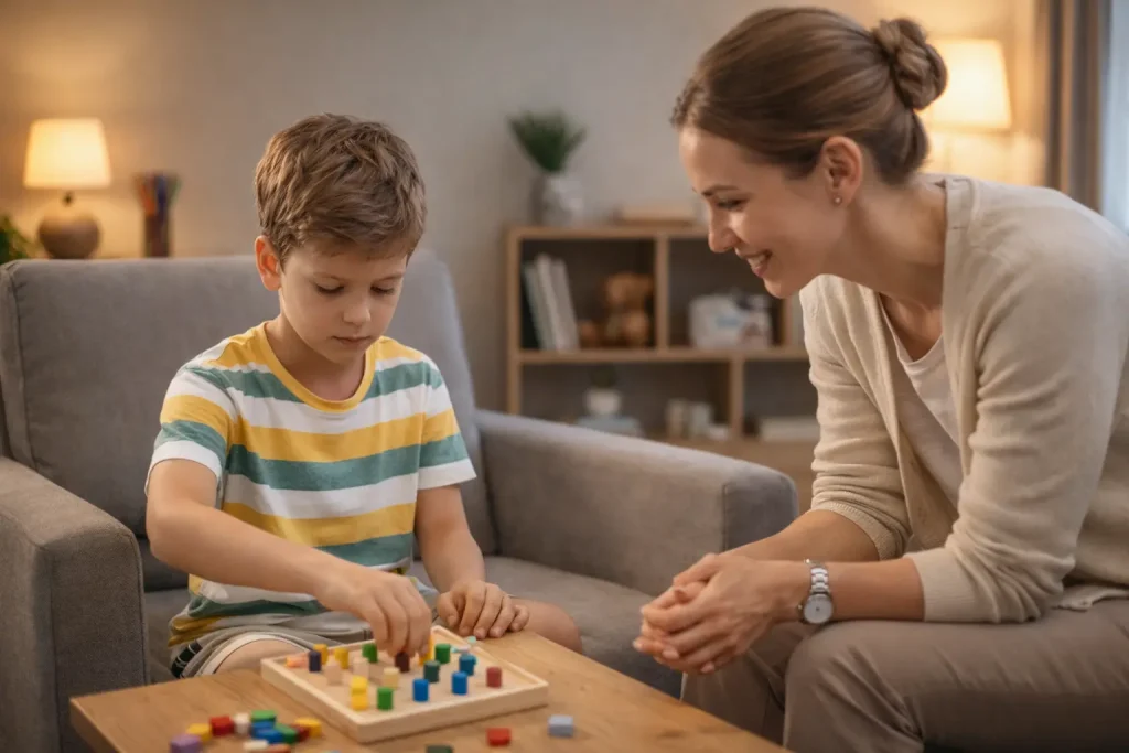 Sessão terapêutica com pessoa autista de nível 1 focada em desenvolvimento de habilidades e bem-estar.