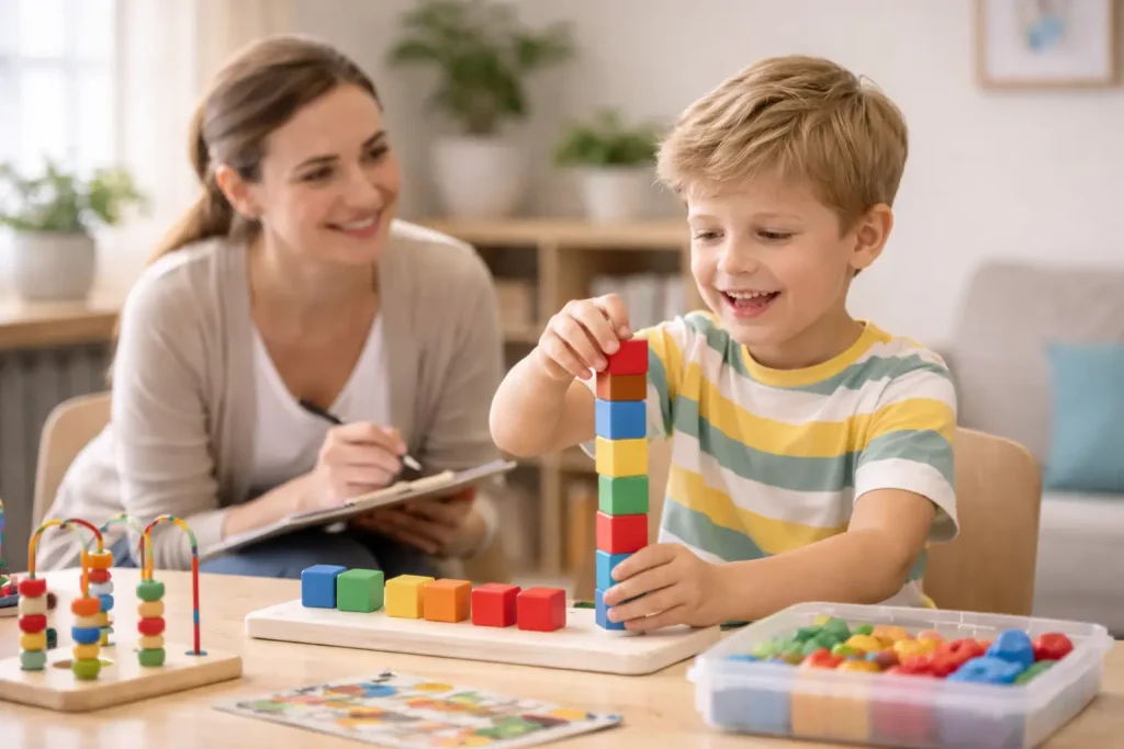 Criança com autismo nível 2 em sessão terapêutica multidisciplinar.